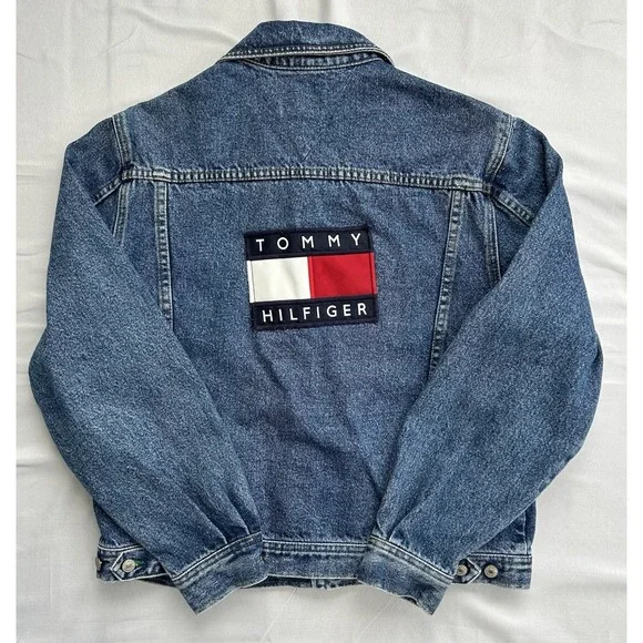 RARE VTG Y2K Tommy Hilfiger Mens Trucker Denim Jacket Button Logo Point Collar M - Picture 5 of 8